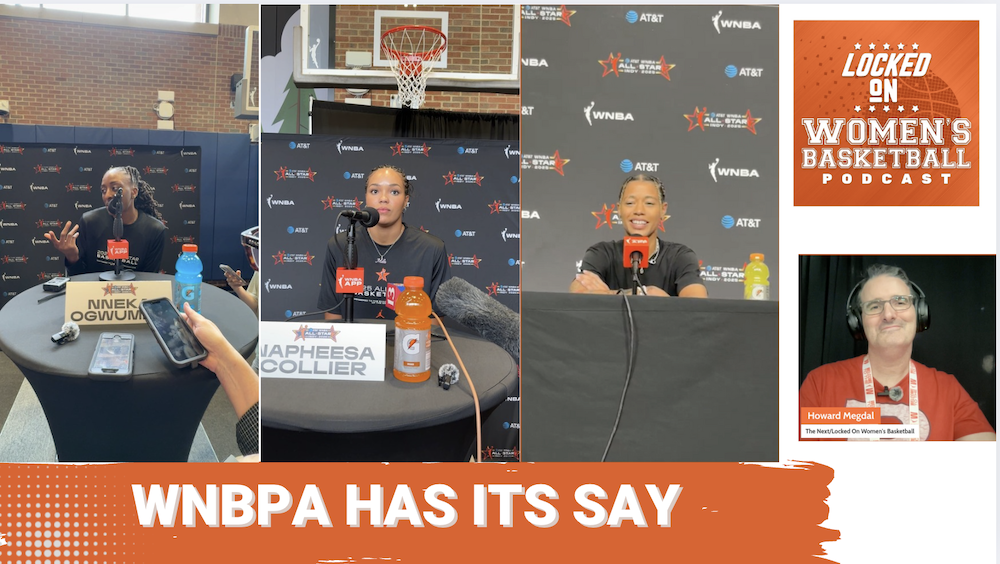 A thumbnail for the Locked On Women's Basketball podcast episode titled " WNBPA has its say", split into thirds with images from left to right of Nneka Ogwumike, Napheesa Collier and Natasha Cloud during All-Star weekend media availabilities